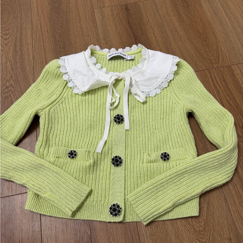 Self-Portrait Lime Cardigan with White Lace Collar